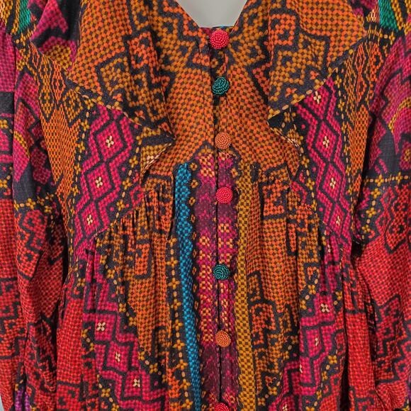 Farm Rio Yawanawa Stripes Long Sleeve Maxi Ankle Dress Red Brown Size Small New - Picture 7 of 13